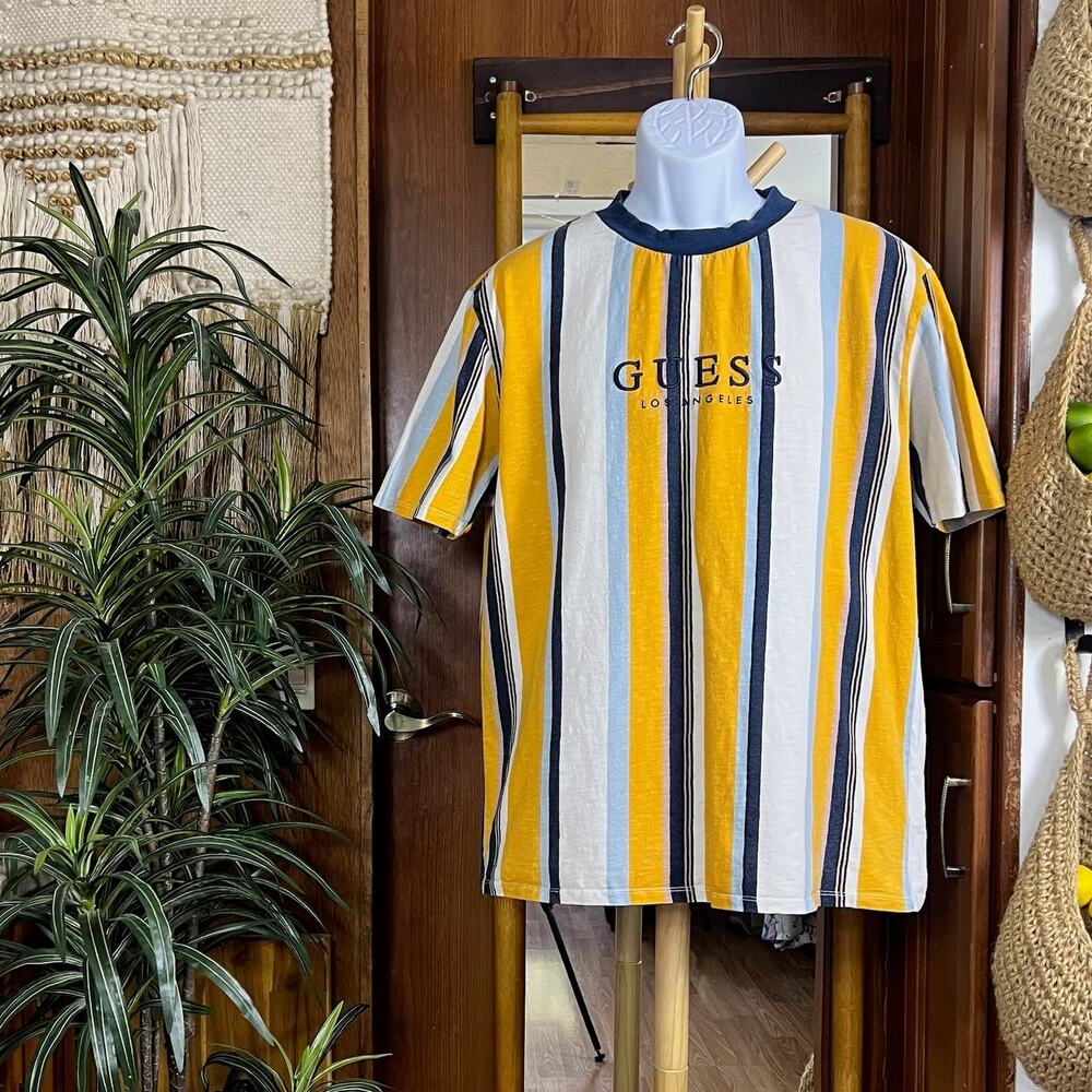 Vintage Guess Y2K Stripe Tee M | Yellow Embroidered Logo Spell-Out Cotton Crew